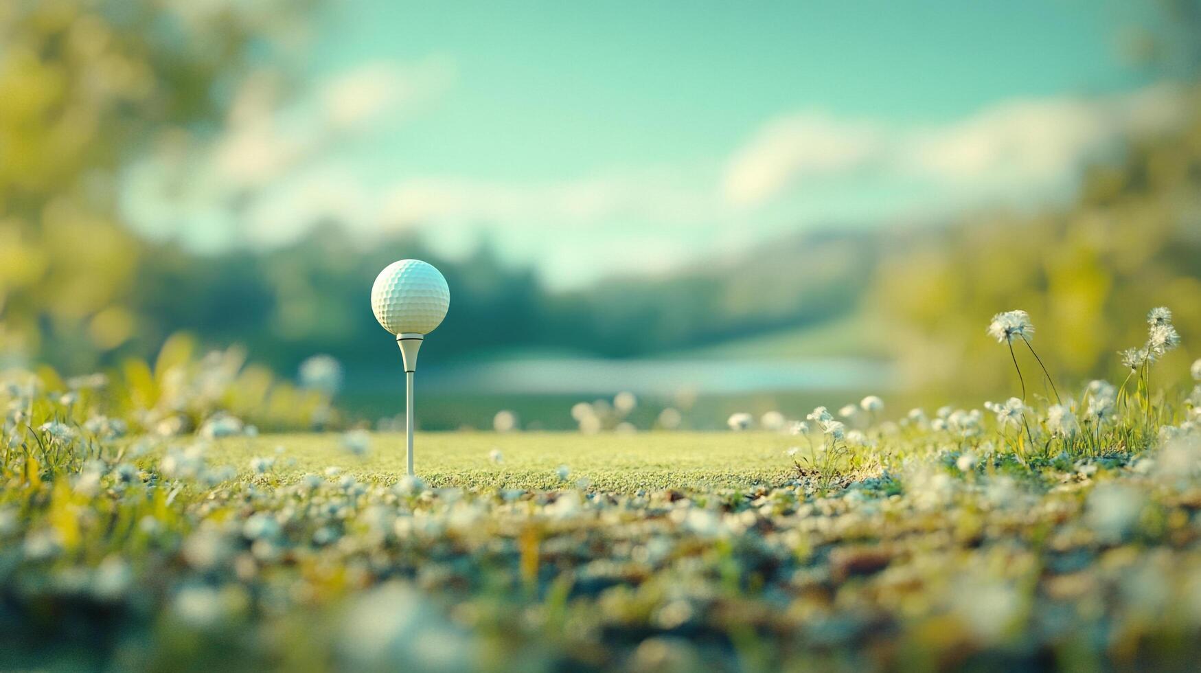 Golf ball on a tee in a grassy field with wildflowers, capturing a serene and inviting scene for a recreational outdoor activity. photo