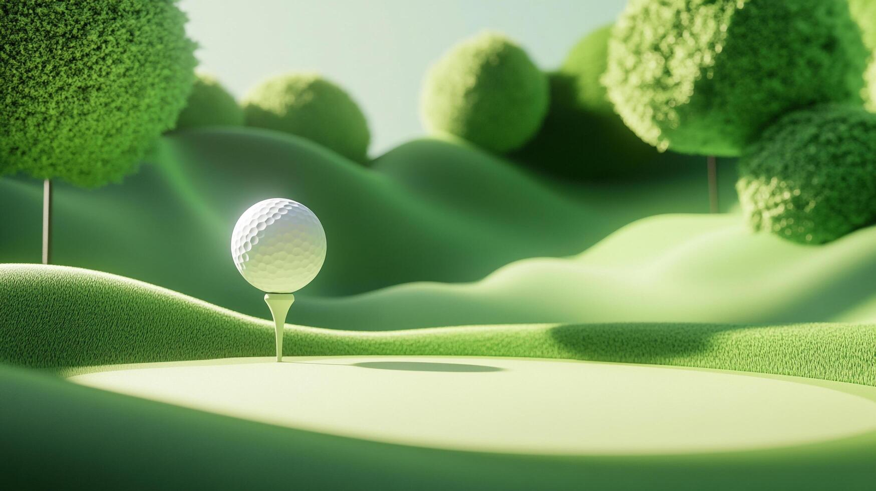 Close-up of a golf ball on a tee in front of a lush green course with trees. The focus is on the ball, in soft, diffused light. photo