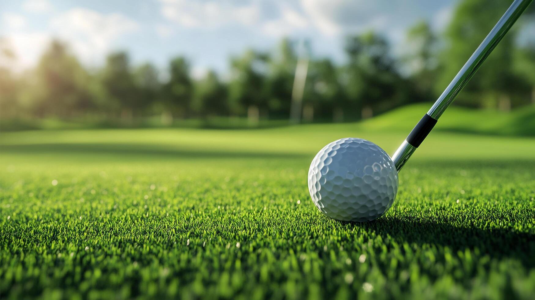 Golf ball on green tee ready for driver. The pristine course invites players to enjoy the sport amidst nature's beauty. photo