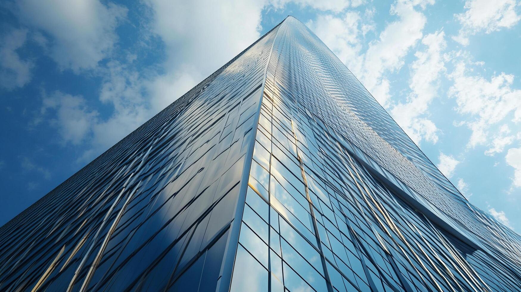 Skyscraper reaches for the sky with glass facade reflecting clouds, symbolizing modern architecture and urban growth. photo