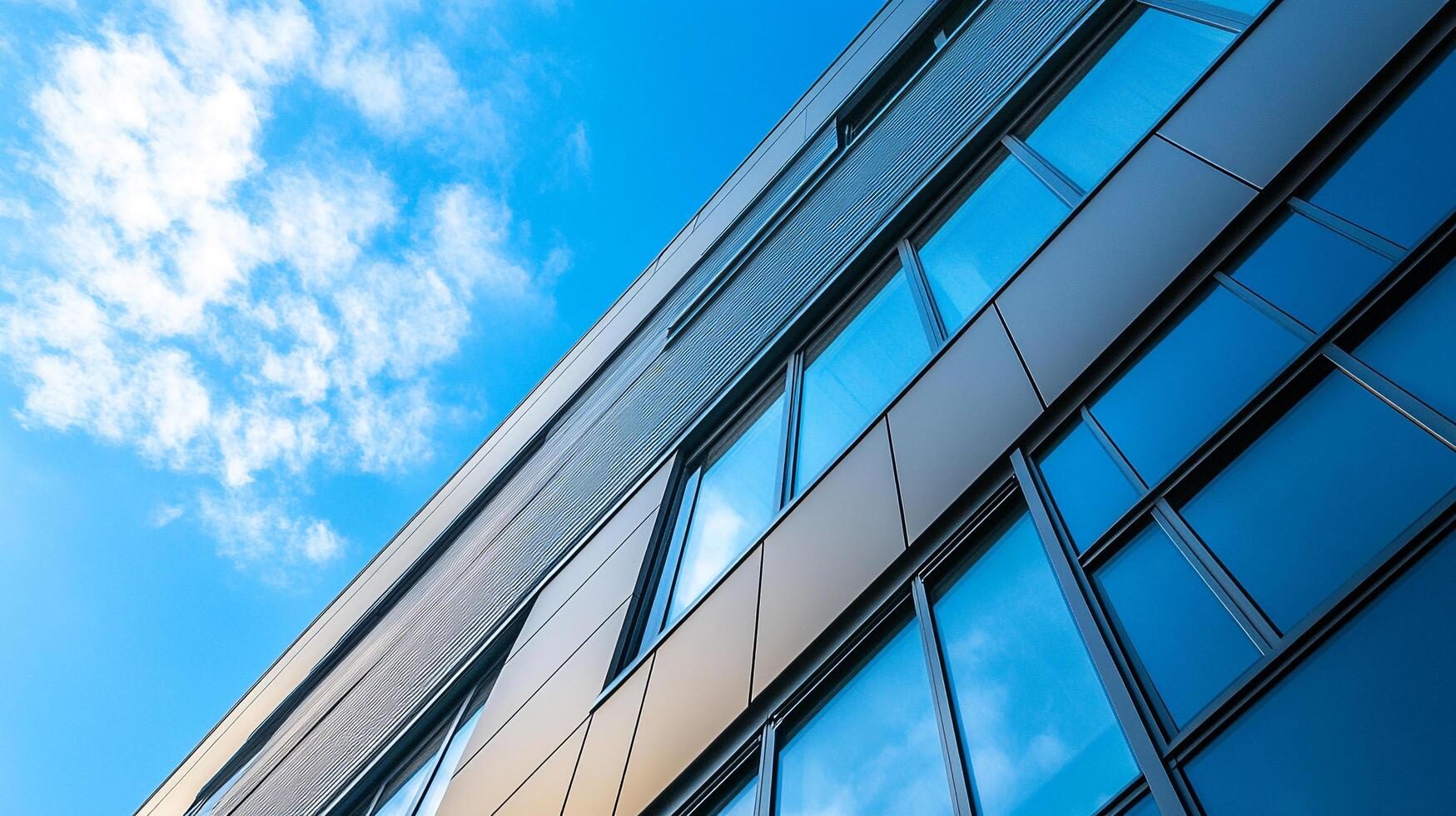 Modern architecture reflects the sky. The building's metallic panels and glass windows create a dynamic interplay of light and color. photo