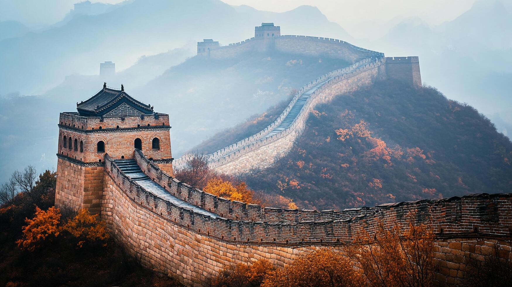 The monumental architecture of a great wall winding across mountainous terrain in Asia under a foggy sky. A historic world wonder. photo