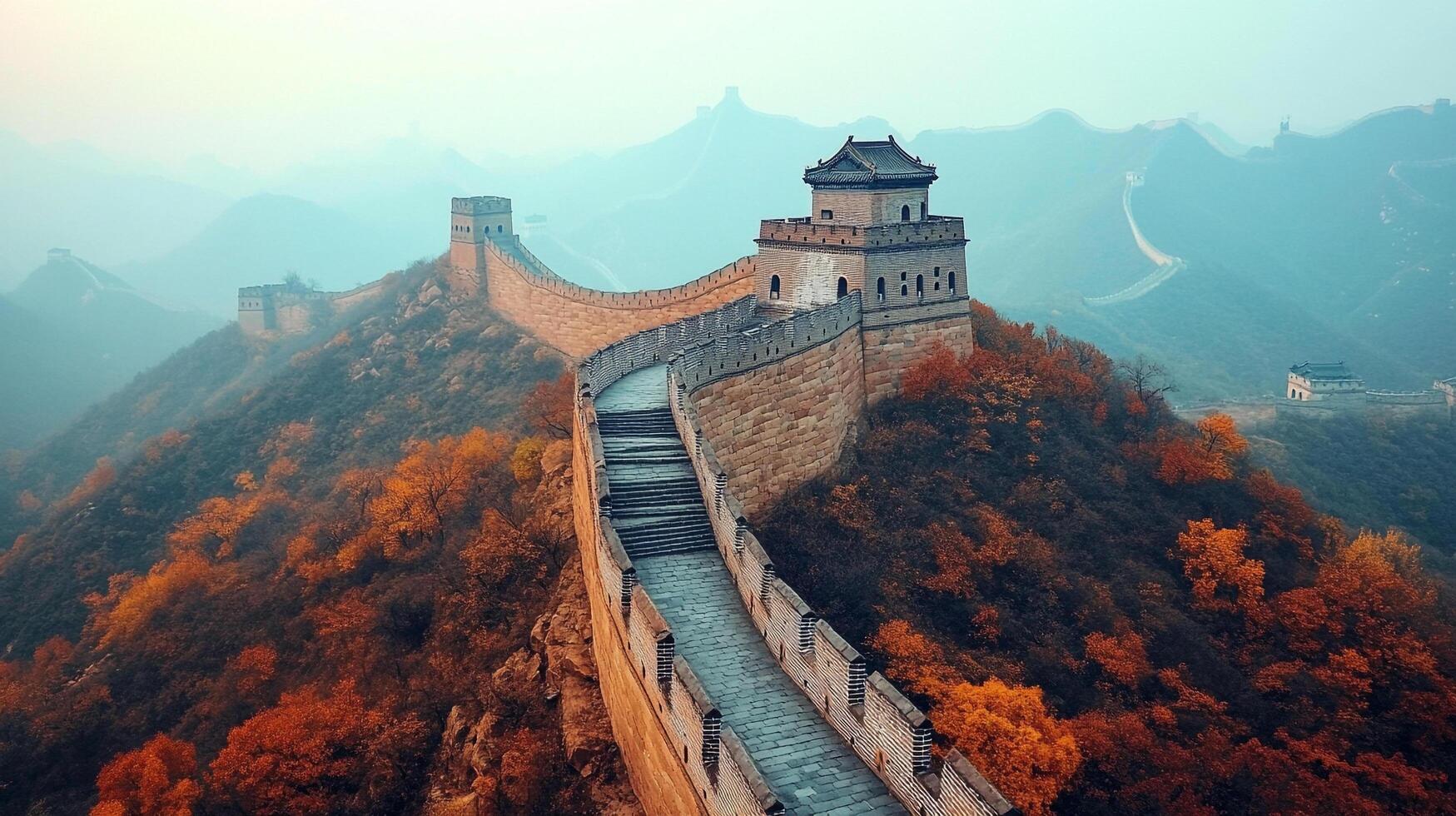 An expansive stone wall with watchtowers traverses a mountain ridge, shrouded in a light mist during autumn in a remote area of the country. photo