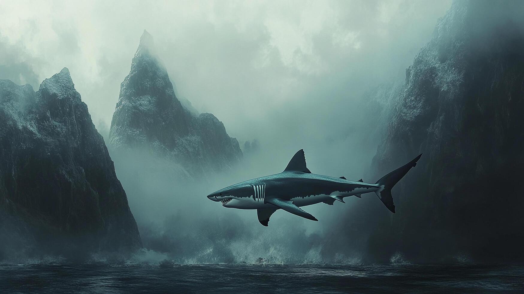 A large shark swims through misty waters, shadowed by jagged mountains. An atmospheric scene of wild marine life in nature. photo