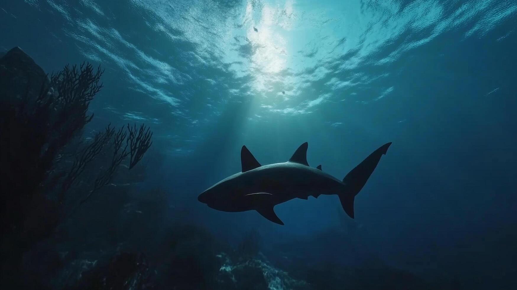 A shark swims serenely underwater, sunlight filtering through the waves in a mesmerizing scene. The ocean's depths hold mystery and wonder. photo