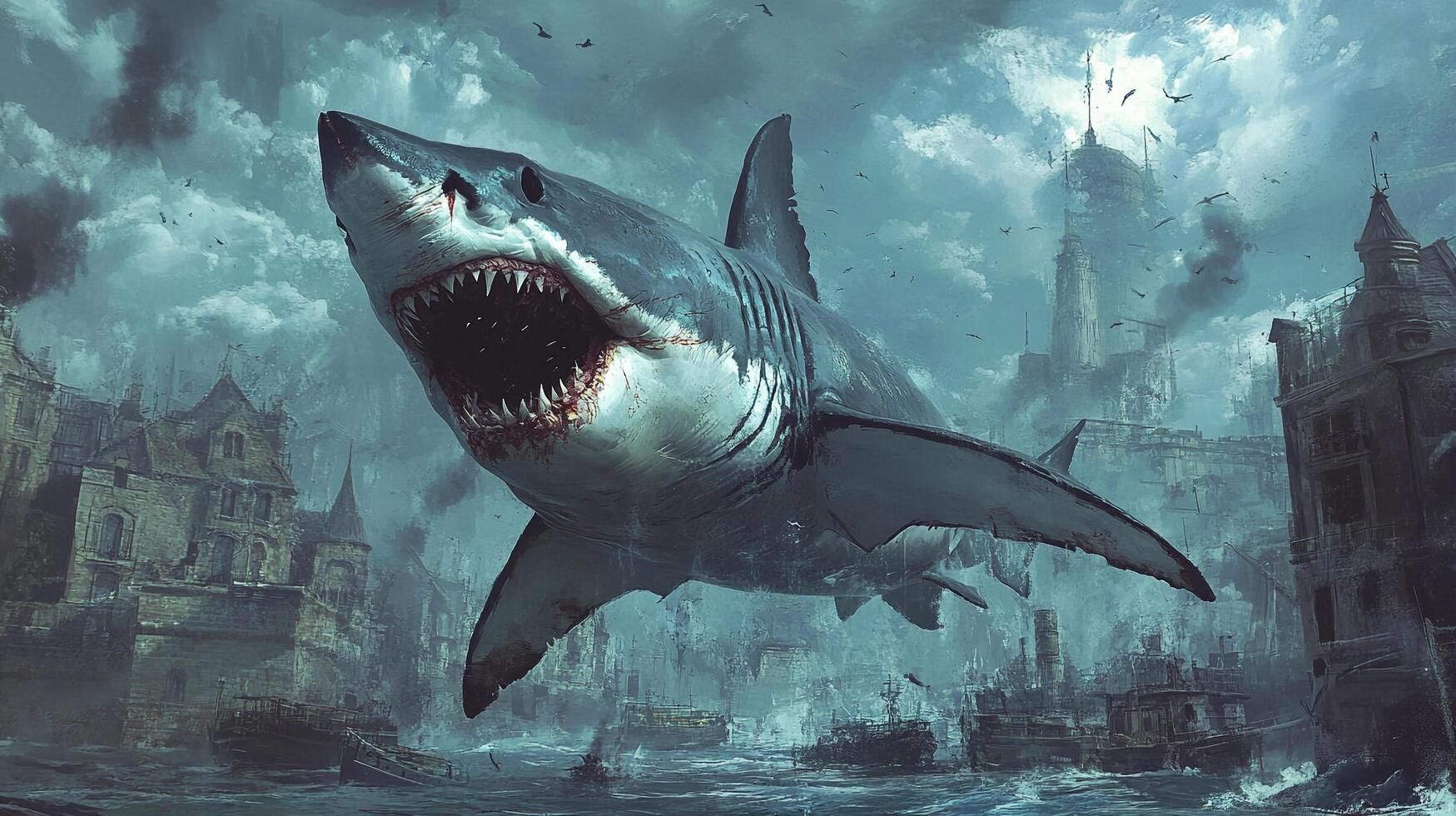 A colossal shark dominates the skyline of a storm-ravaged coastal city, its menacing presence overshadowing dilapidated architecture. photo