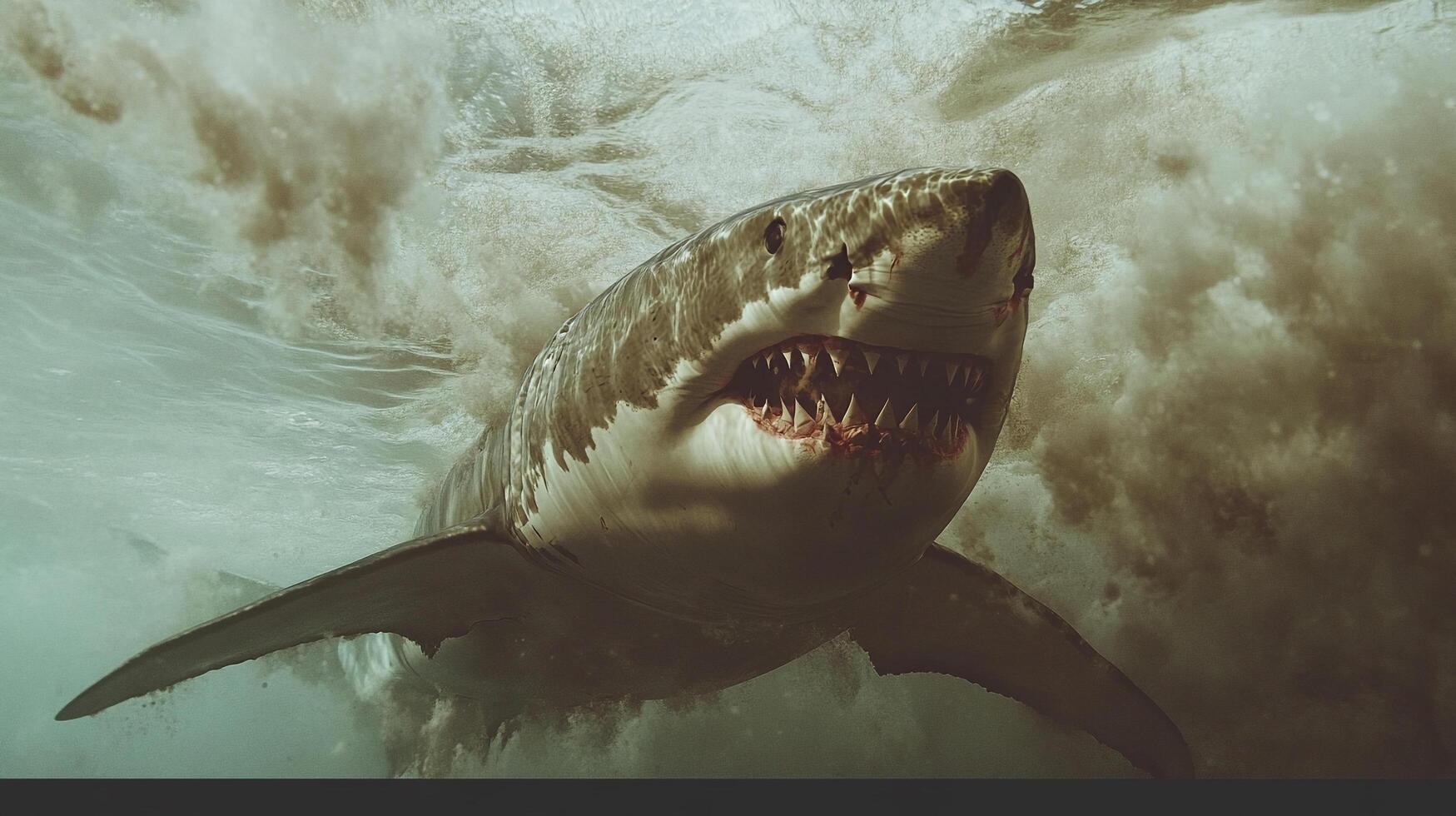 Great white shark swims powerfully through turbulent ocean waters, a fearsome predator captured in its natural aquatic habitat. photo