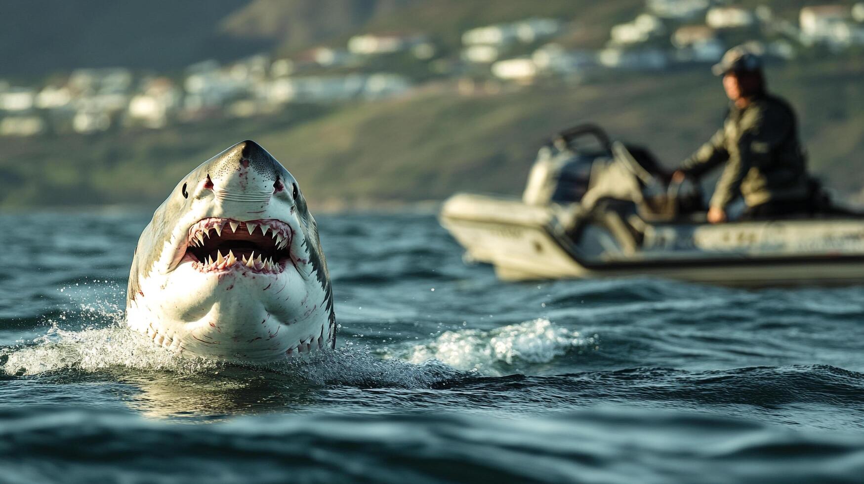 Great white shark emerges from the ocean, teeth bared, with a boat and coastal homes in the background. A thrilling wildlife encounter. photo