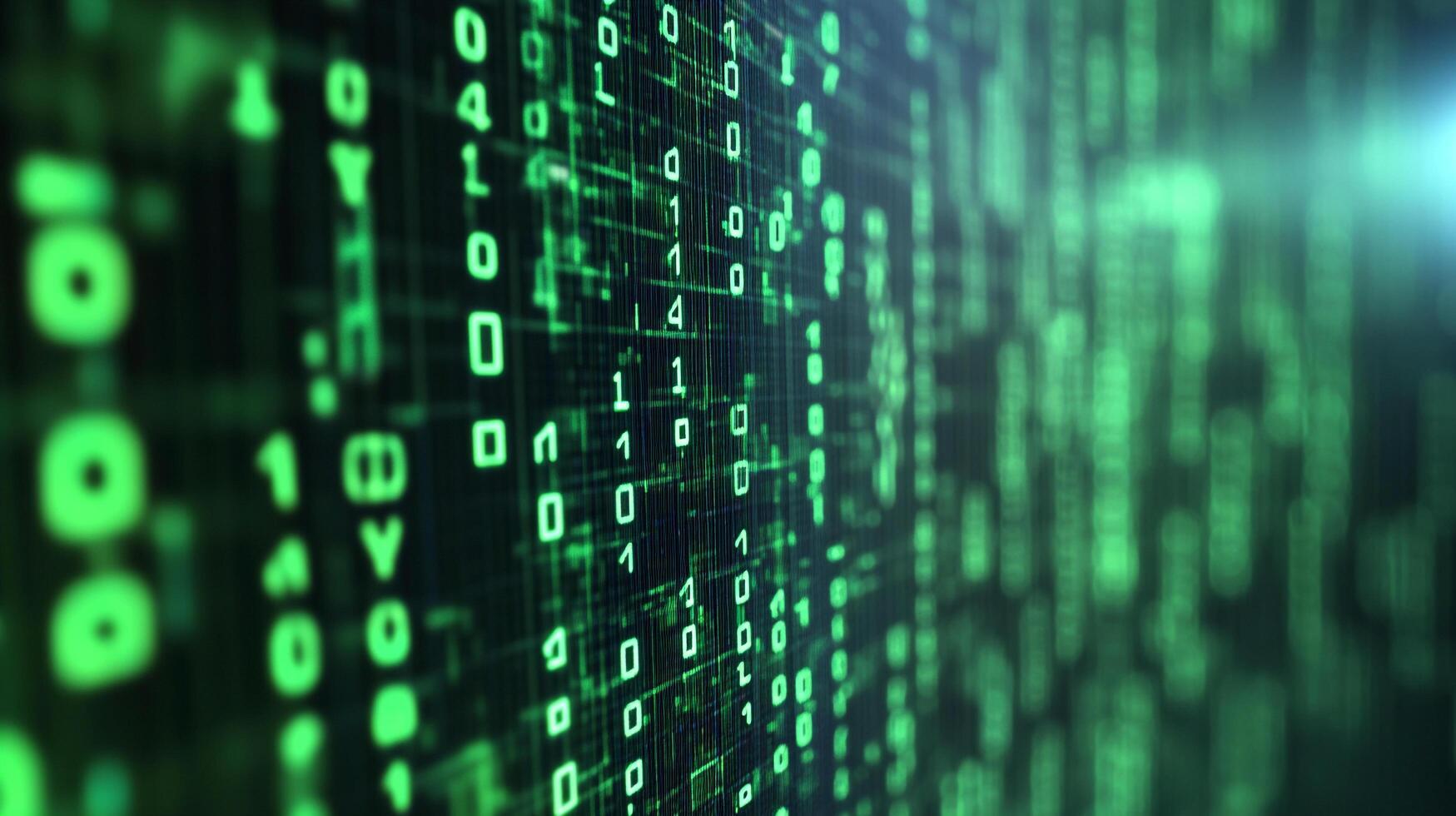 Futuristic data streams visualized as glowing green binary code. A digital landscape of information flows across a dark background. photo