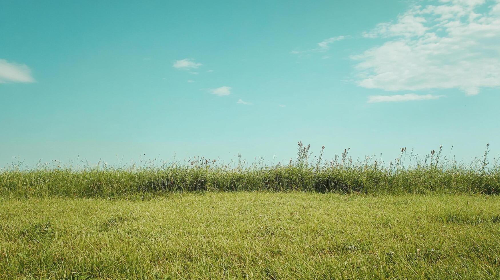 Lush meadow under a clear sky, with vibrant green grasses swaying gently in the breeze. A peaceful, scenic landscape, perfect for nature lovers photo