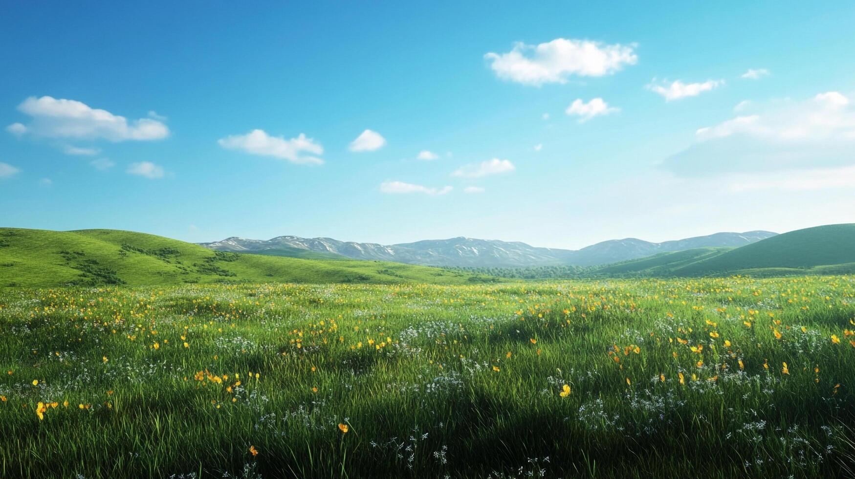 Vibrant meadow under a clear blue sky, rolling green hills meet distant mountains, flowers bloom. Nature's beauty in a tranquil landscape. photo