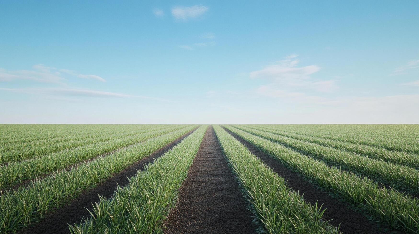 Rows of green crops stretch across an expansive field, cultivated with clear blue sky. A serene agricultural vista, and tranquil scene. photo
