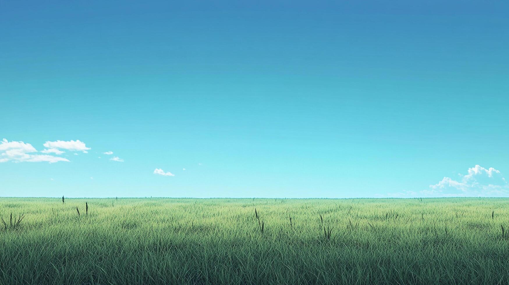 A serene landscape featuring a lush green field extending to the horizon under a clear, bright sky with scattered clouds. photo