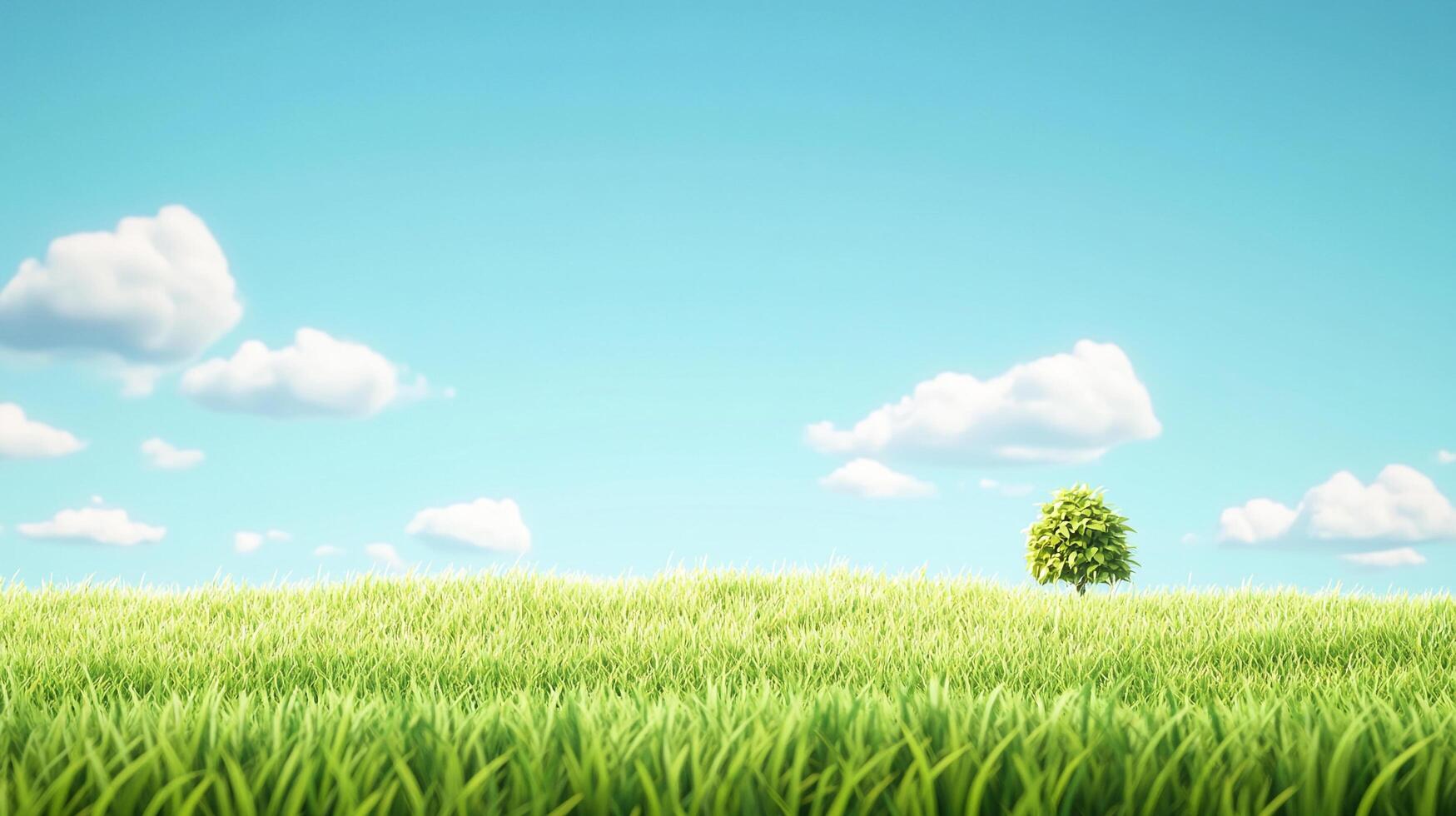 Cartoon landscape with lush green grass under a bright blue sky and fluffy white clouds, small tree in distance, peaceful natural scene. photo