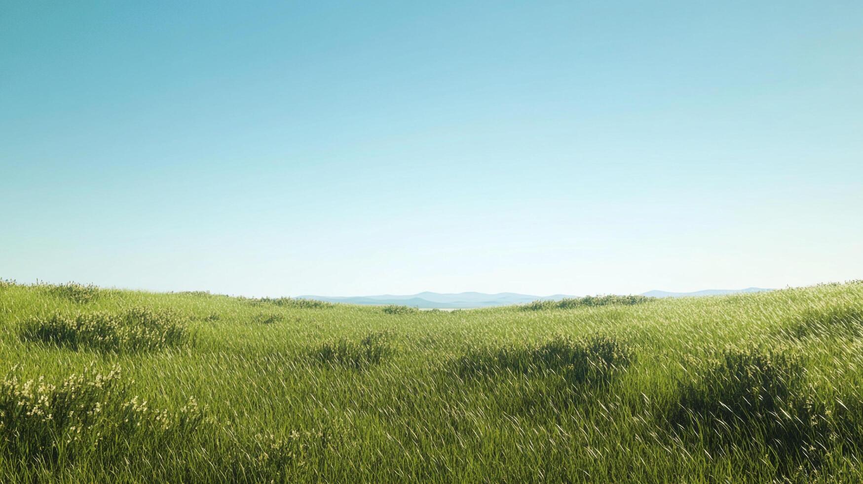 Expansive green field under a serene sky, inviting tranquility and peace. The wind gently sways the grasses across the horizon. photo
