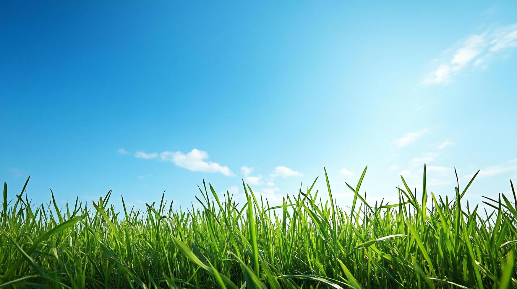 Green grass under a clear blue sky with scattered clouds, creating a peaceful and natural outdoor scene on a sunny day, perfect for relaxation. photo