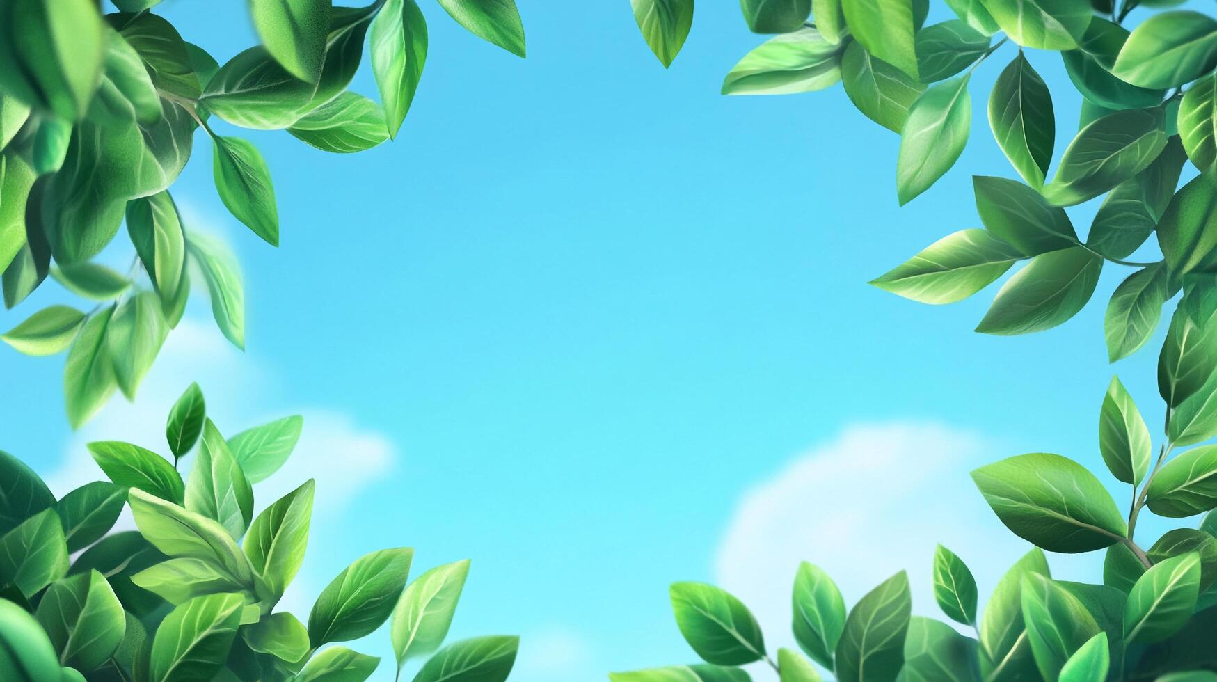 Lush Green Leaves Frame a Tranquil Blue Sky with Wispy Clouds, evoking feelings of Serenity, Nature's Beauty, and Peaceful Scenery. photo