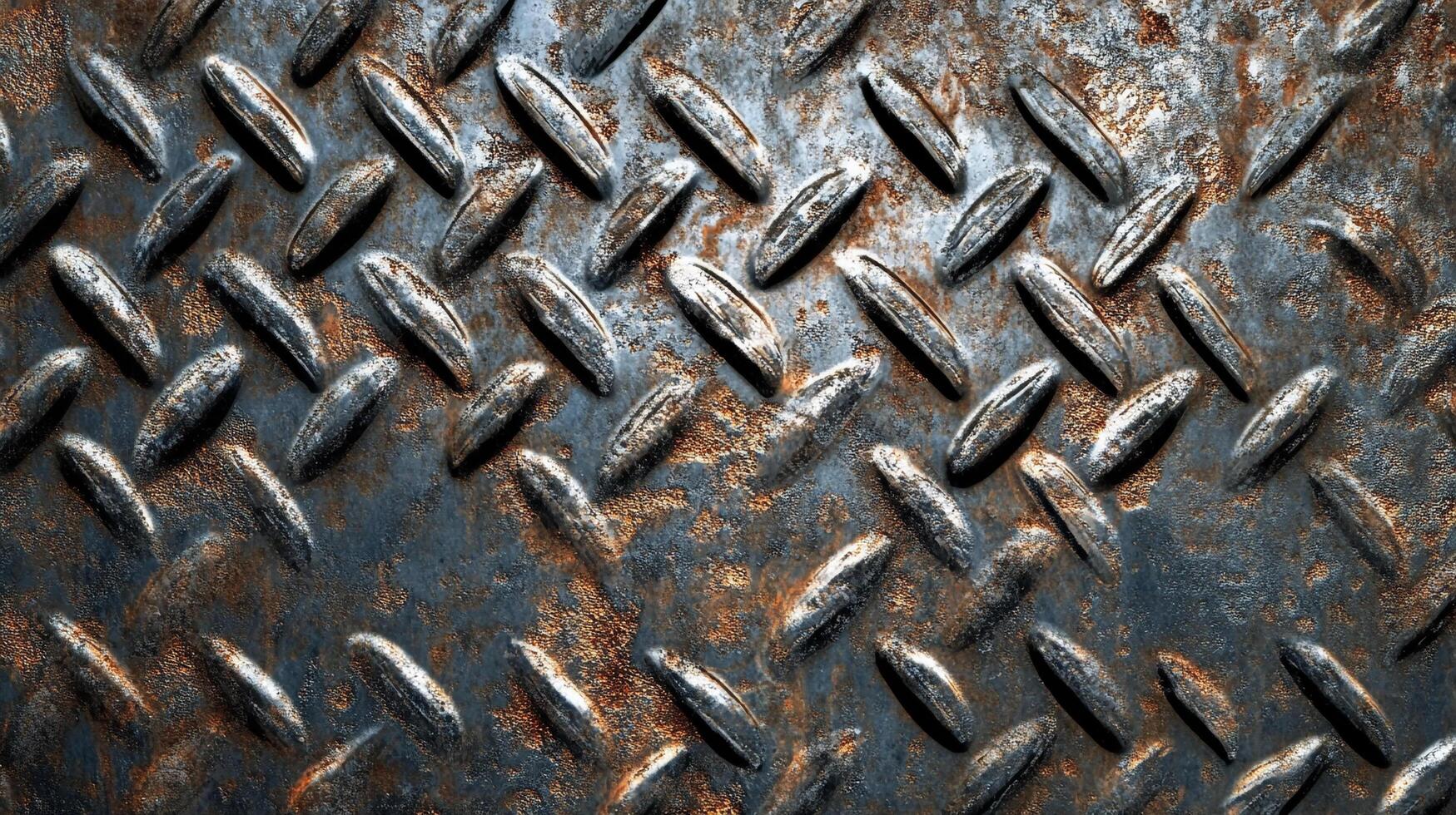 Gritty, industrial metal surface with a diamond plate pattern showing signs of wear and corrosion, creating a rugged texture. photo