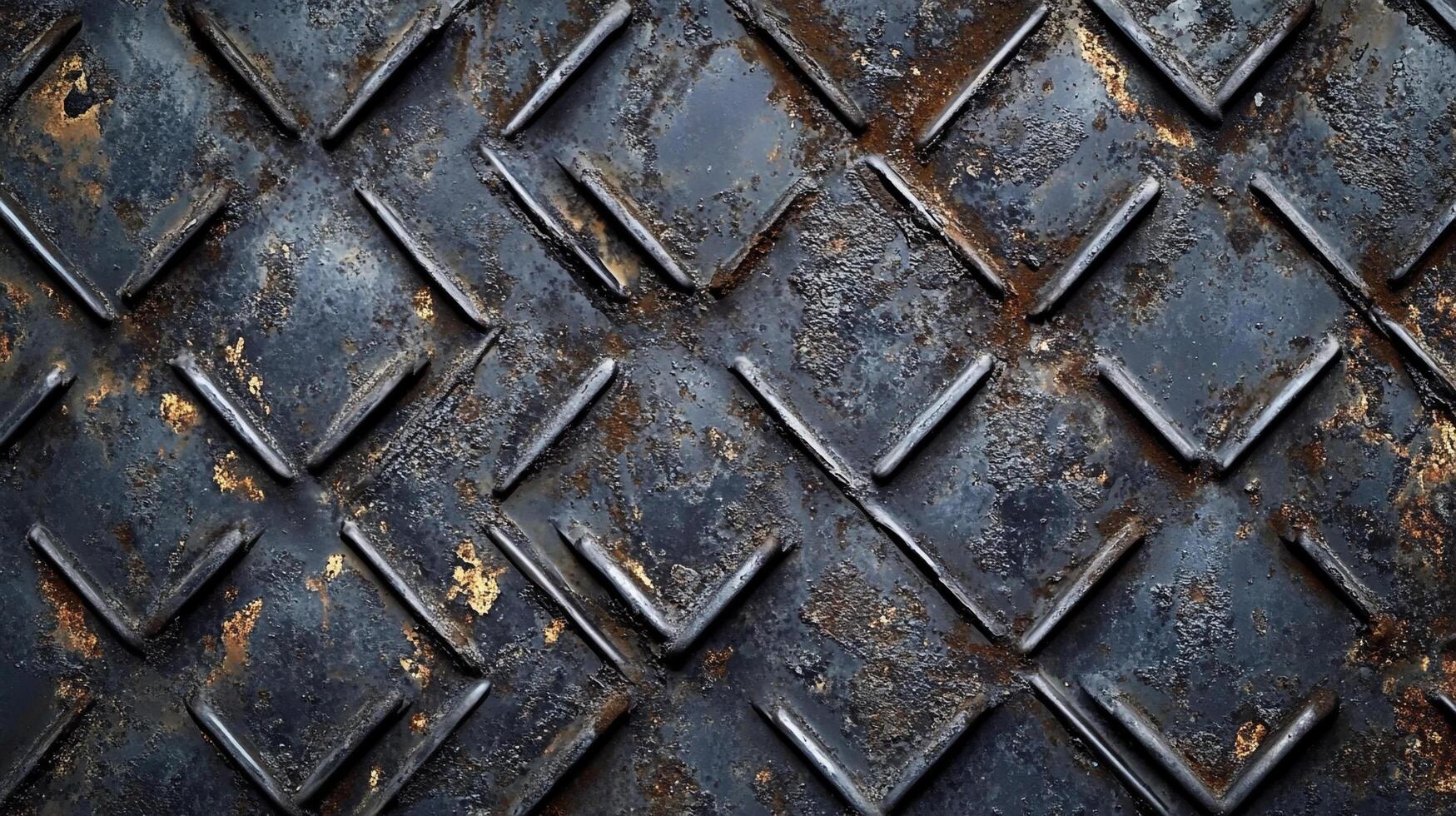 A textured and rusted metal surface with a repeated diamond pattern, showing signs of wear and age, creating a gritty industrial backdrop. photo