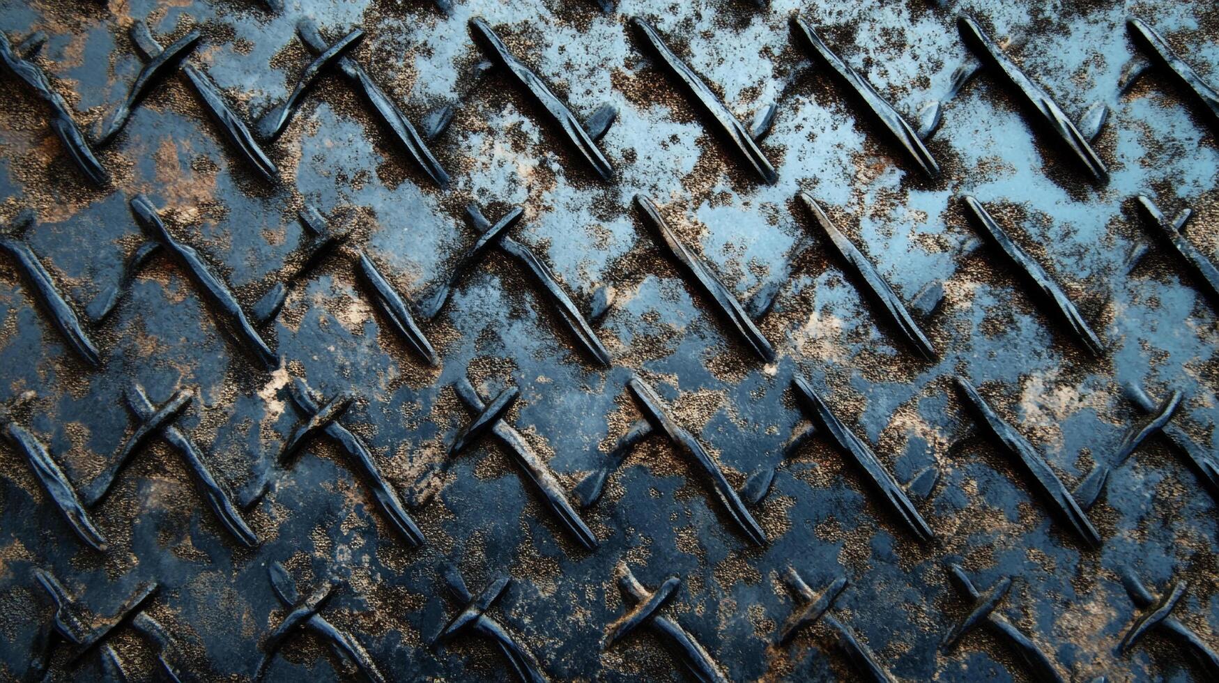 Close-up of textured metal surface with raised cross and line patterns, showcasing weathering and signs of age. Perfect for industrial designs. photo