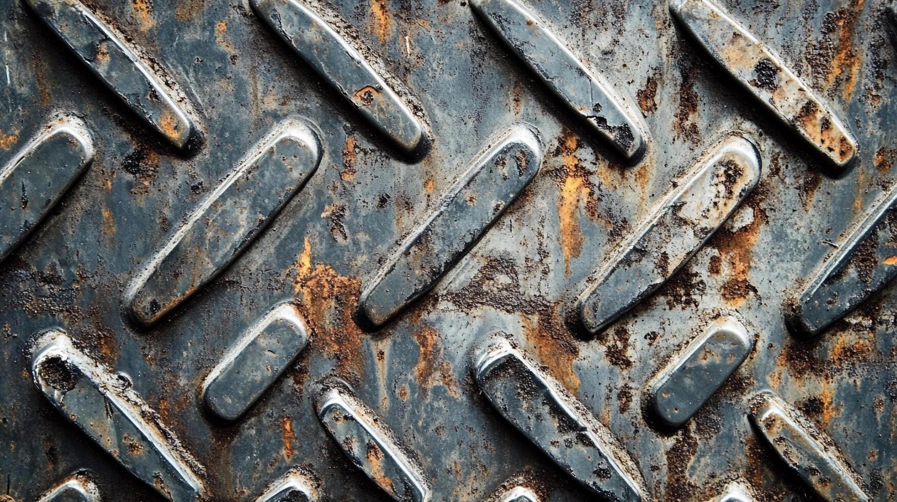 Rusty metal pattern shows texture and time. Raised ridges create a geometric design marred by corrosion and wear. Industrial backdrop. photo