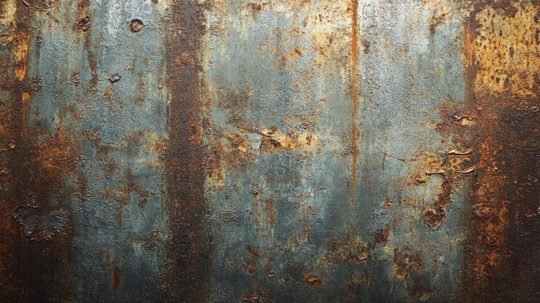 Distressed metal surface with textured rust patterns and paint. Industrial background with weathered elements. Weathered and decaying metal texture. photo