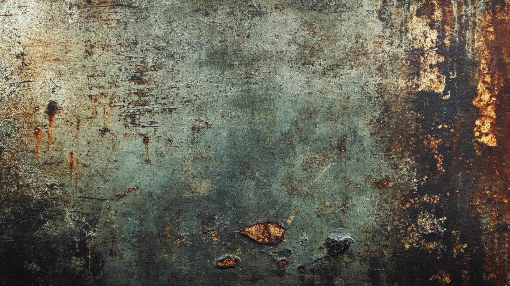 A weathered metal surface displays a mix of teal, brown, and black, showcasing signs of age and decay, with rust formations. photo