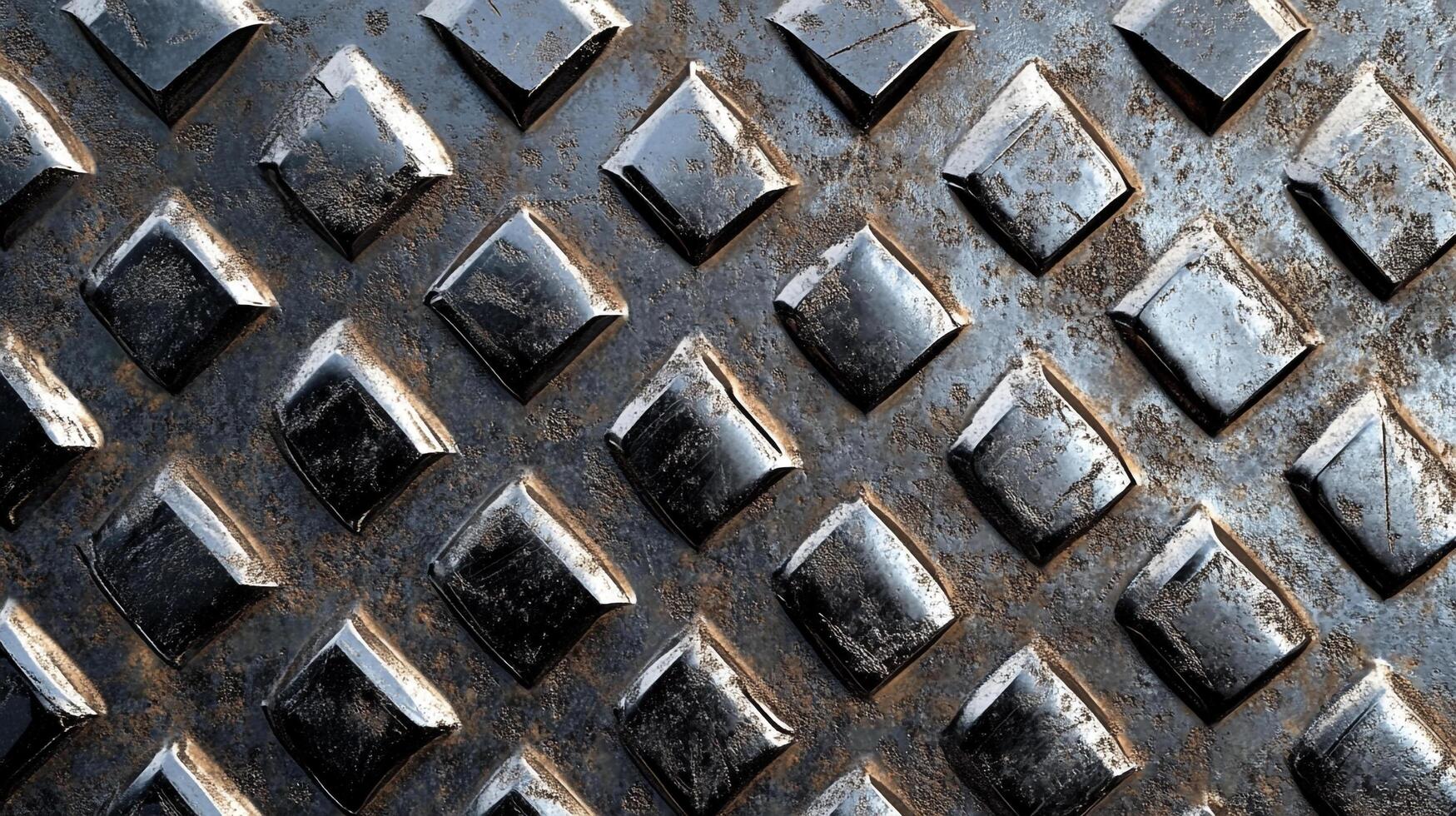 Textured steel plating with repeating diamond pattern. Industrial metal surface, dark, rough, and durable. Macro shot shows detail. photo