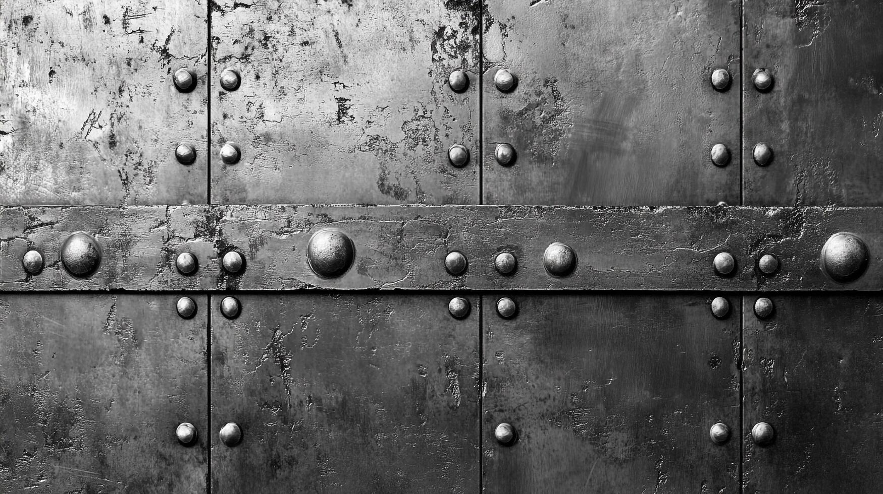 Close-up of a riveted metal surface, showing signs of wear and corrosion, creating a textured and industrial aesthetic. photo