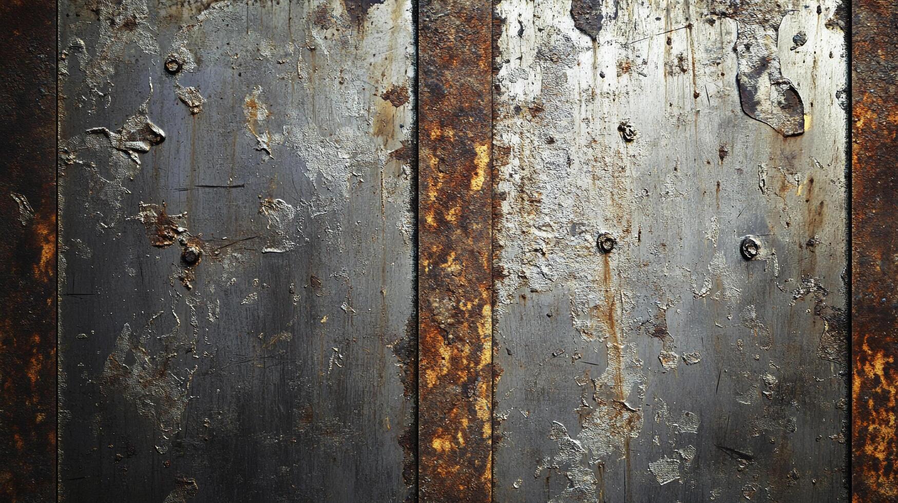 A close-up shot reveals weathered metal, adorned with rust and peeling paint, creating a textured, industrial aesthetic and visual decay. photo