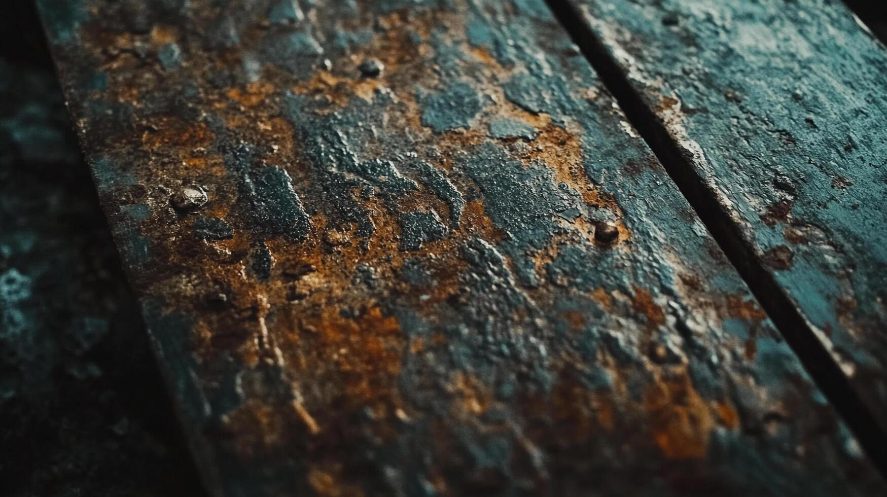A macro shot captures a weathered metal surface with heavy rust, revealing texture and age. The lighting enhances the coarse details. photo