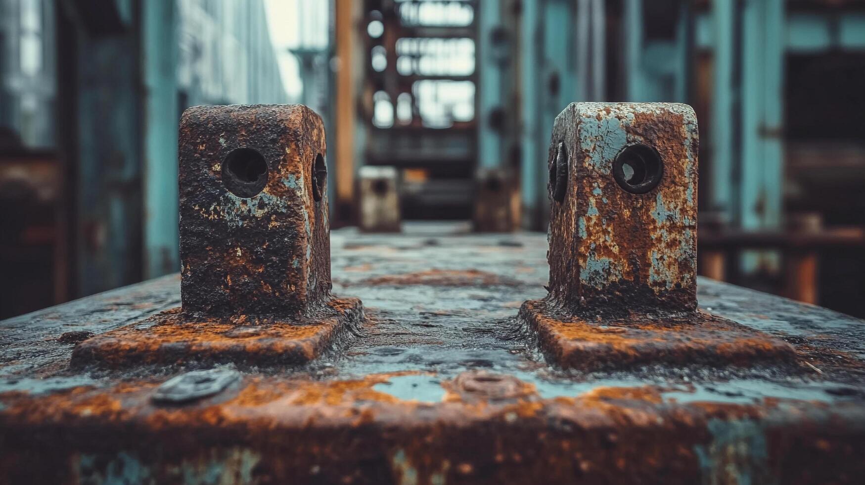 Rusty metal supports stand prominently, weathered by time and elements, against a blurred industrial backdrop, revealing decay and resilience. photo