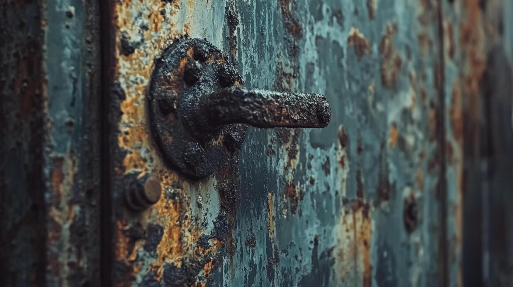 Close-up reveals a heavily rusted metal door with a weathered handle, showcasing aged texture and corroded details. Decay is evident. photo