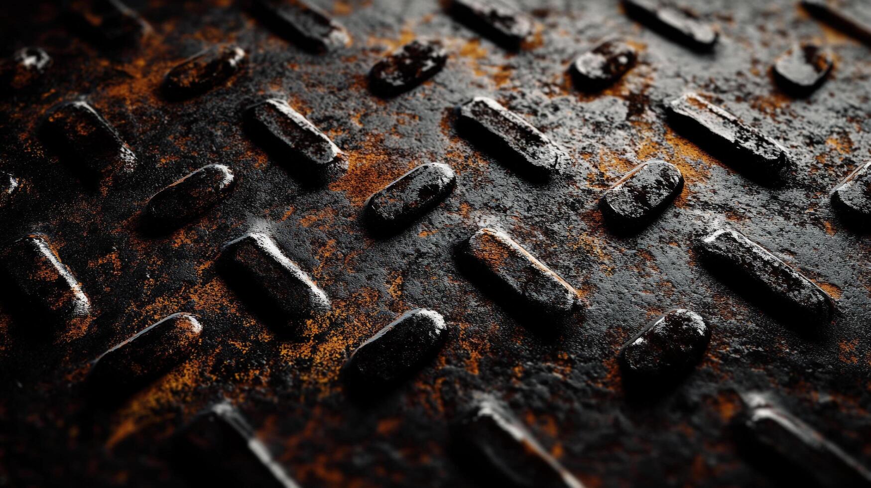 High-angle close-up of a weathered metal surface, patterned with raised rectangular shapes and textured with rust and shadow. photo