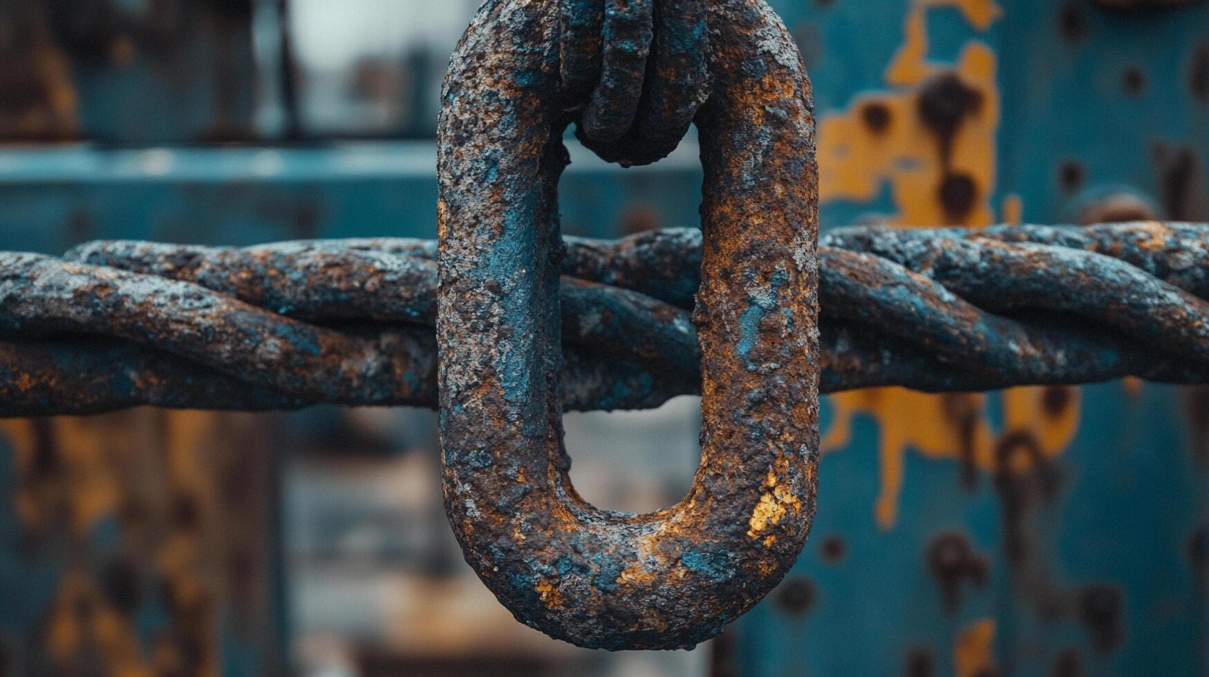 A weathered metal chain link suspended in air, showcasing heavy rust and corrosion against a blurred, aged backdrop. photo