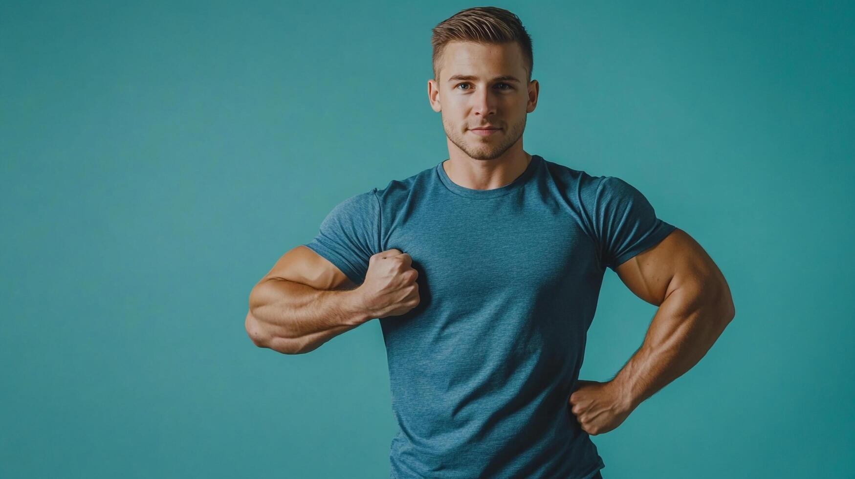 A muscular man striking a pose against a solid turquoise backdrop, highlighting his physique and fitness with a confident posture. photo