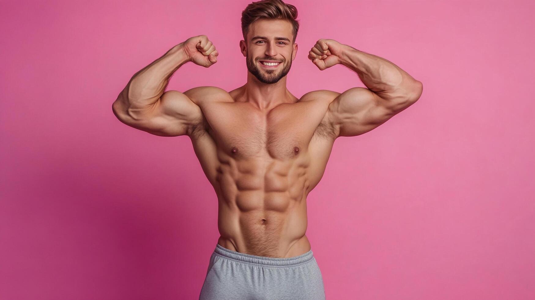 Smiling muscular man flexing biceps and abs on pink background. Confident athlete showing off physical fitness and body strength. photo