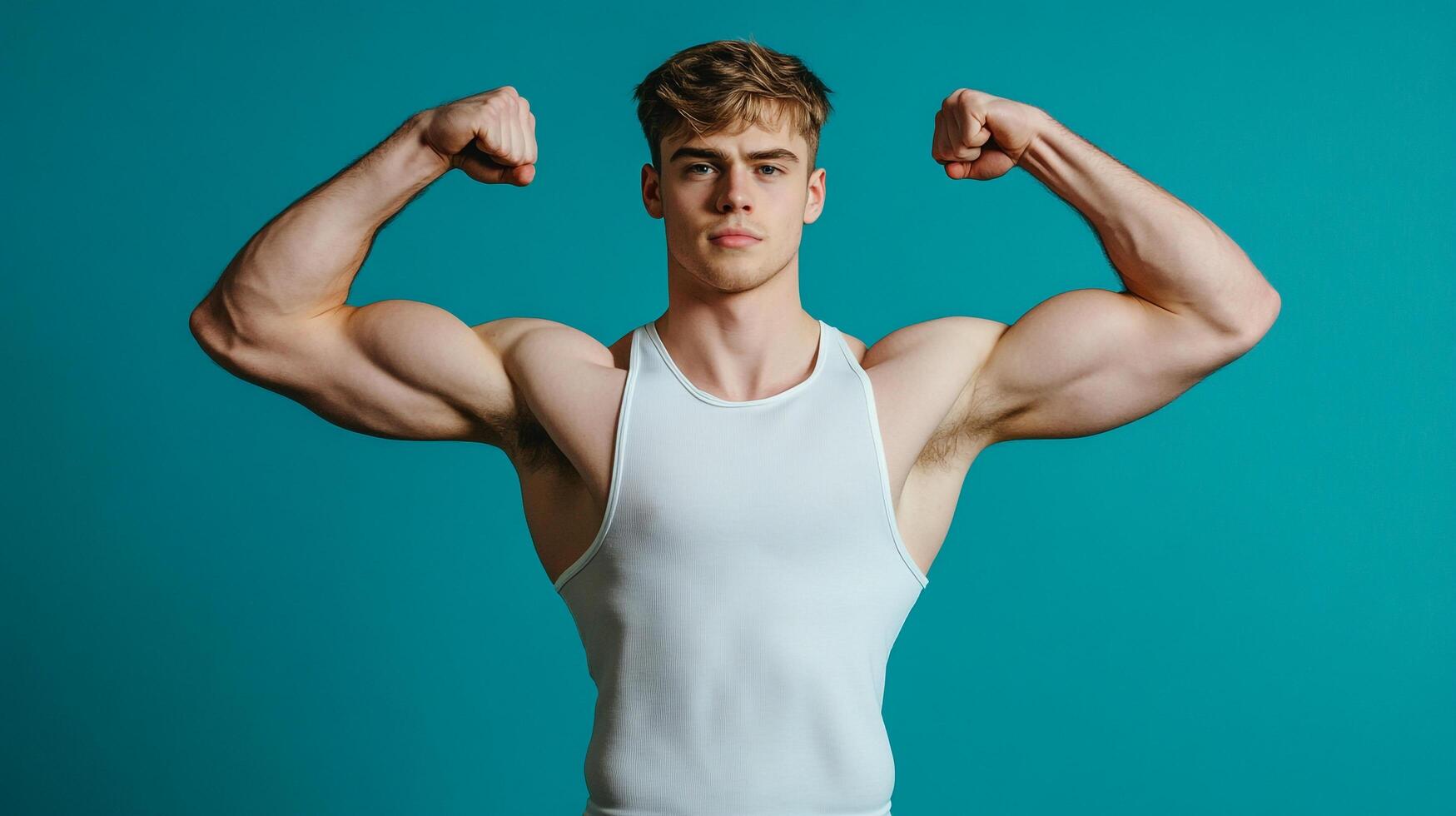 Muscular man flexing his biceps against a vibrant turquoise backdrop. Fitness personifies strength and confidence in dynamic presentation. photo