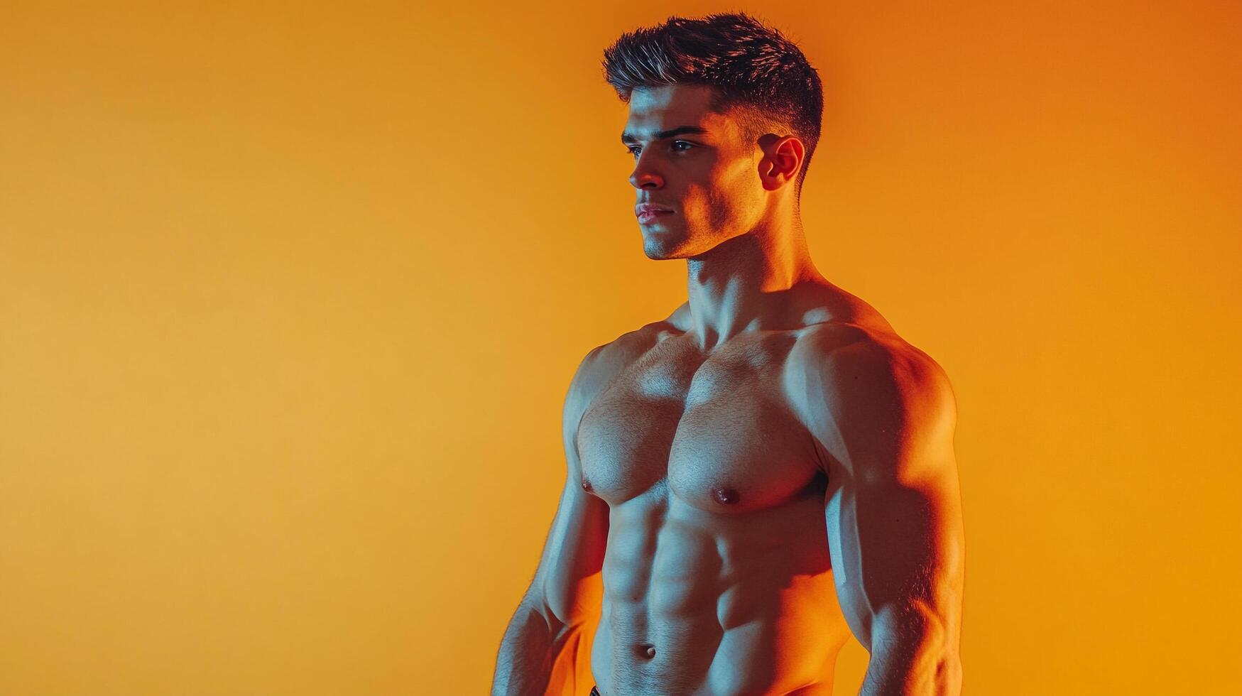 Portrait of a muscular man in a studio. The background is a vibrant orange. The man is well-lit, highlighting his physique and toned body. photo