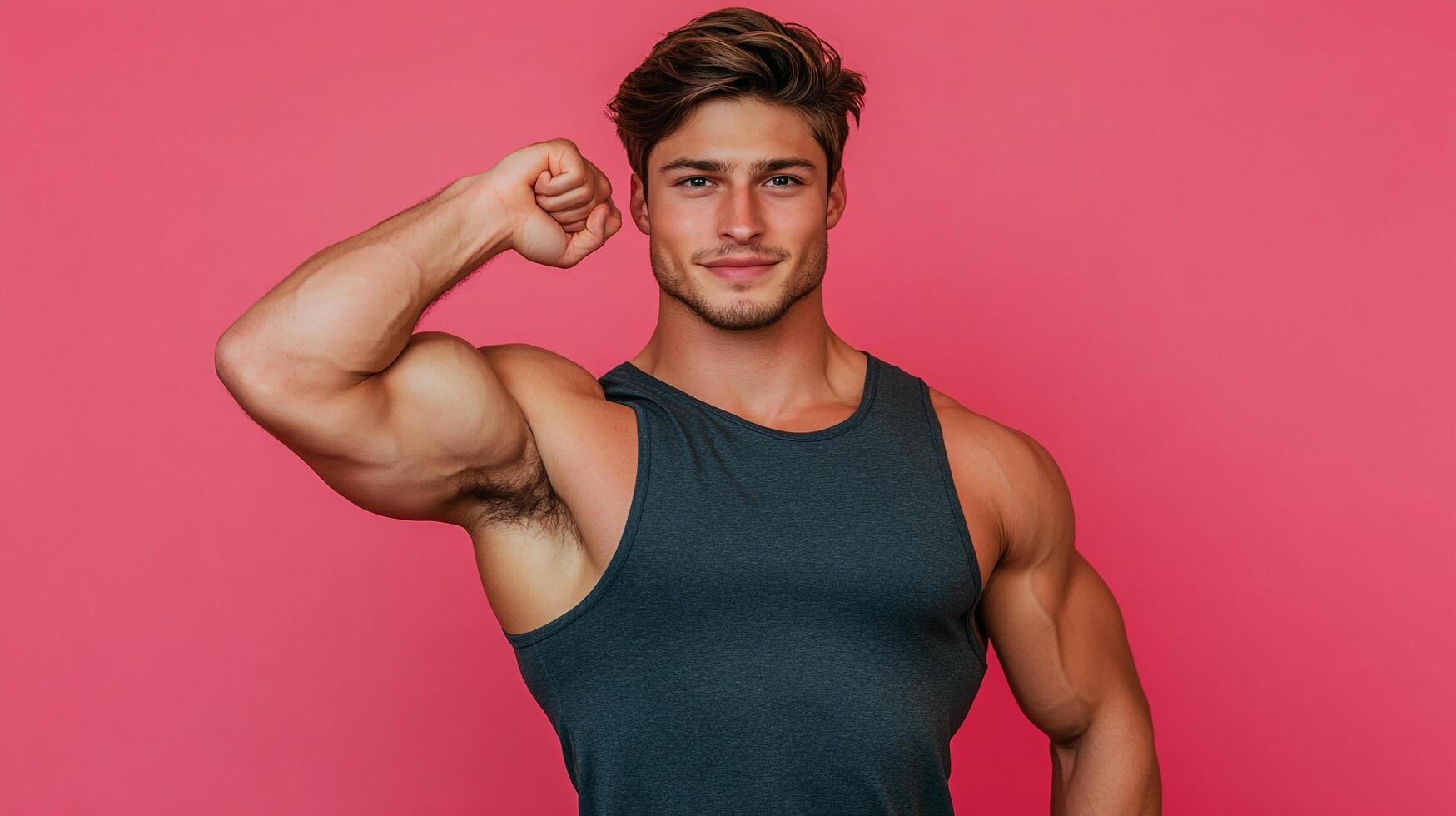 Muscular man flexing bicep. Fit male in tank top shows arm strength against bright pink backdrop. Health and wellness focused portrait. photo