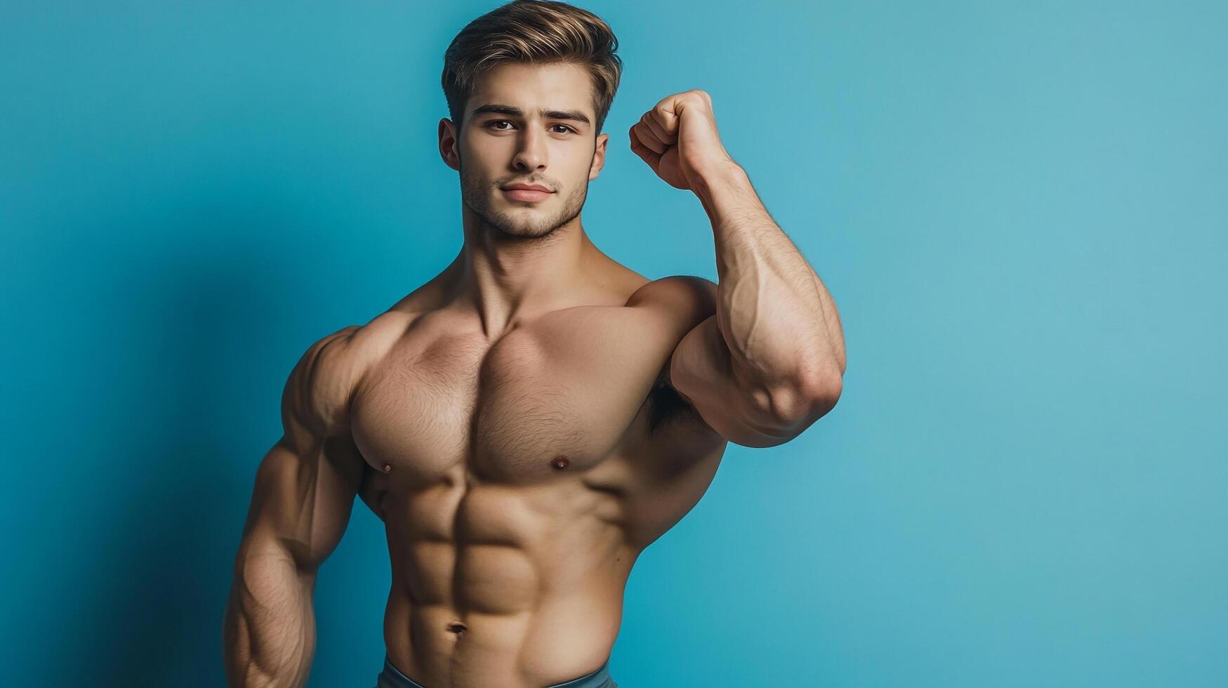 Athletic male flexing arm, showing off toned physique against blue background. Man's confidence and dedication to fitness are on display. photo