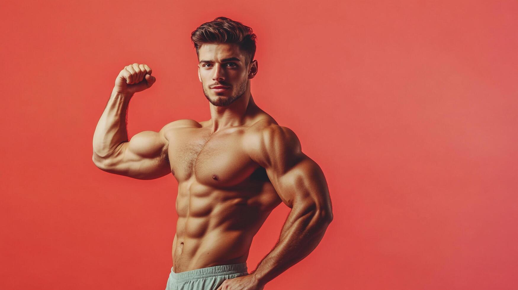 Muscular man flexing his bicep against a red background. Shows off strength, fitness, and health. A picture of physical achievement. photo