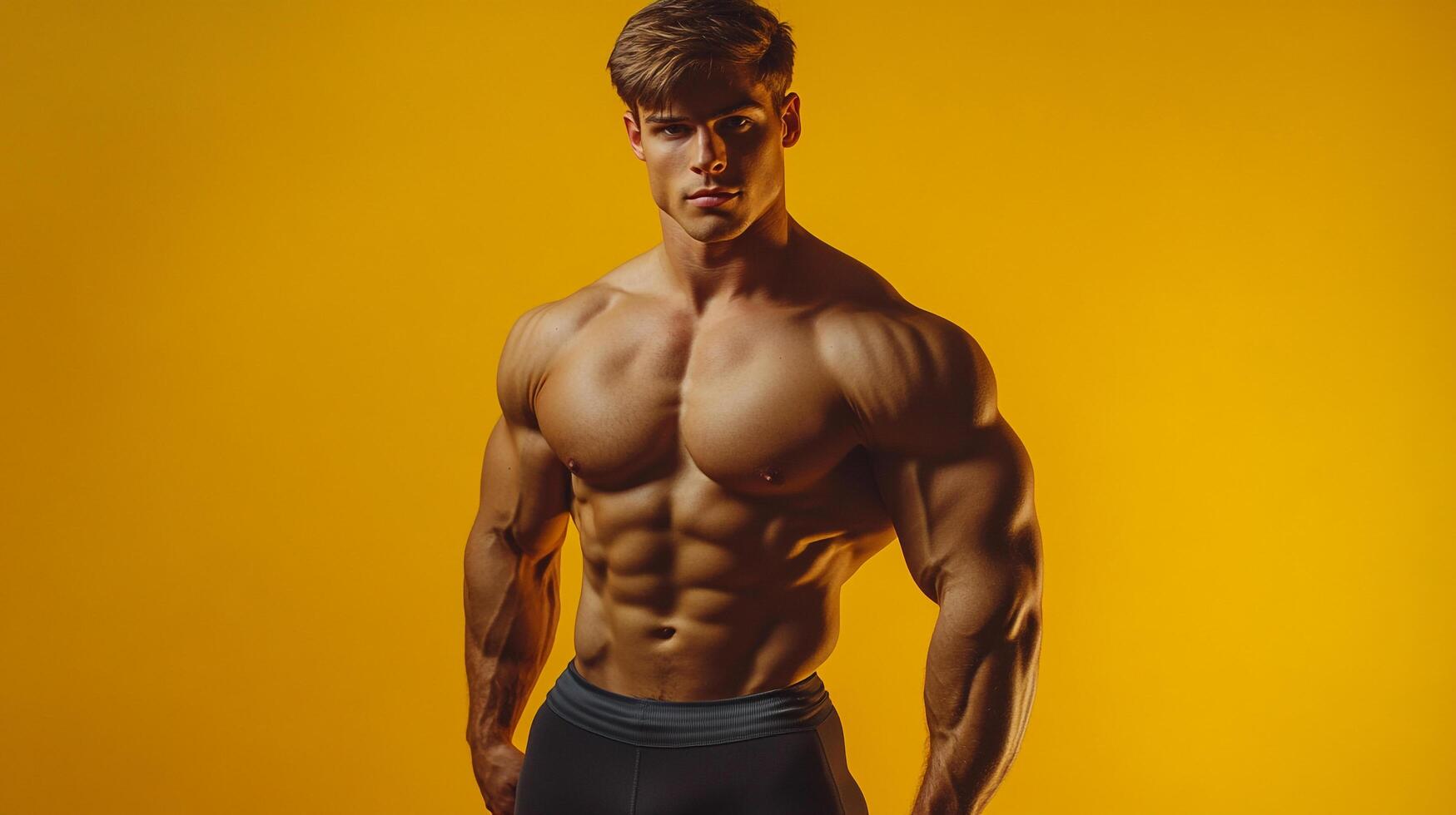 A muscular man stands confidently, showcasing sculpted physique against a warm yellow backdrop, highlighting fitness and strength in portrait. photo