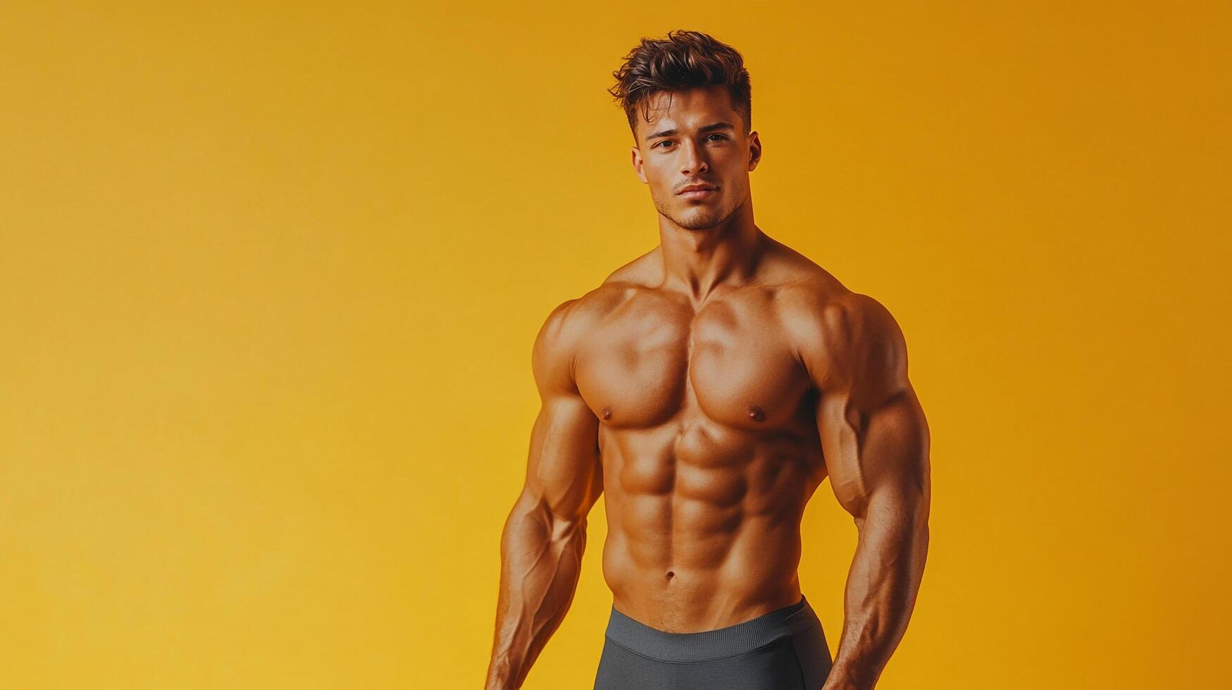 Muscular man with toned physique against a bright yellow backdrop, radiating strength and confidence. Fitness goals and body positivity. photo