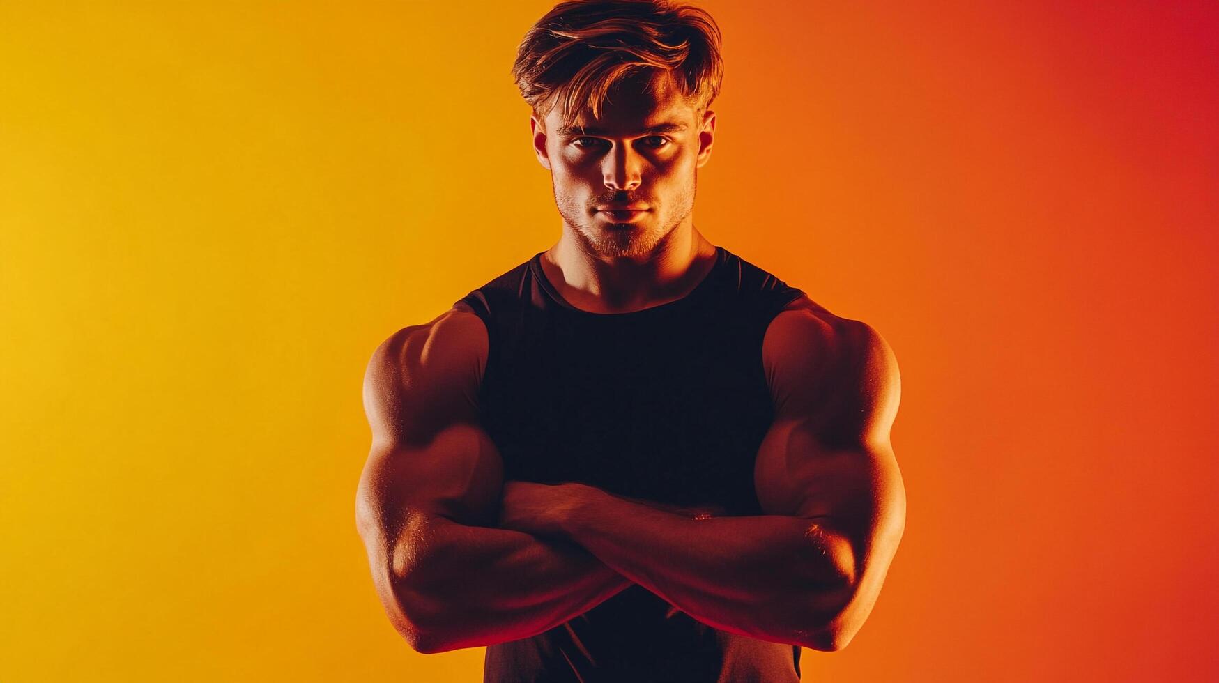 Muscular man with crossed arms looking confident. Shirtless strong build male in studio lighting with a vivid orange background. photo