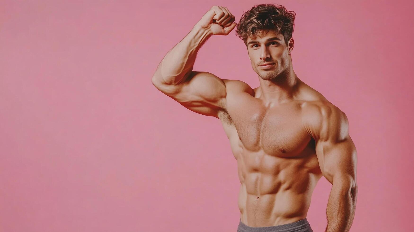 Muscular physique with flexed biceps, showcasing strength and fitness against a vibrant pink backdrop. Ideal for health and wellness promotions. photo