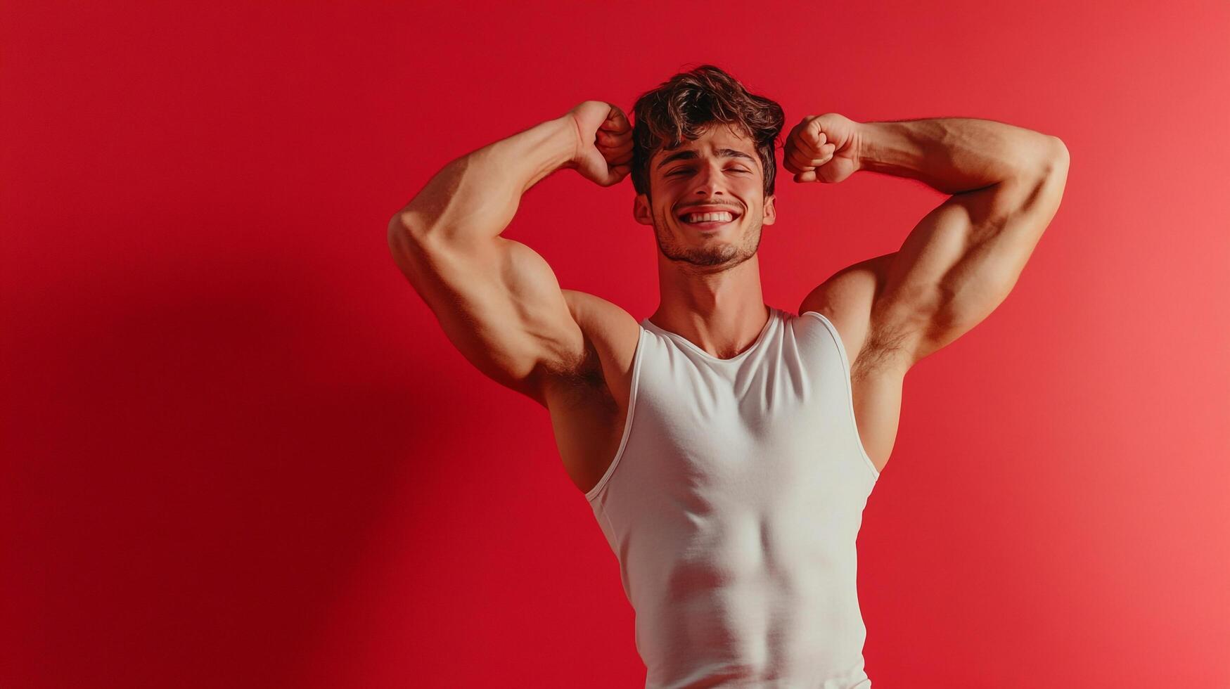 Athletic man flexing biceps against a vibrant red backdrop, showcasing strength and fitness with a confident smile. photo