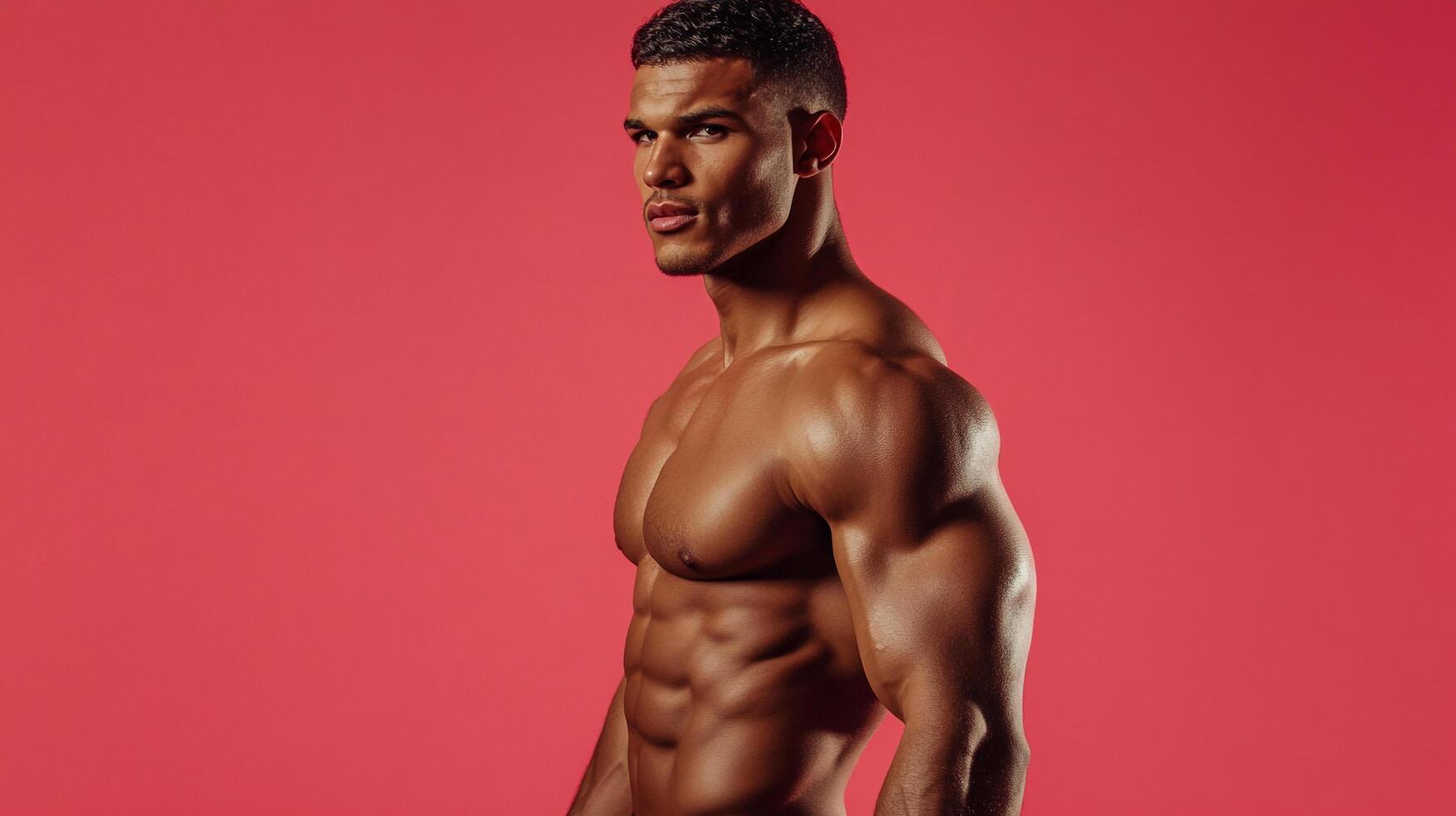 Fit male model with sculpted physique poses against a solid red backdrop, showcasing strength and muscularity in a dramatic studio shot. photo