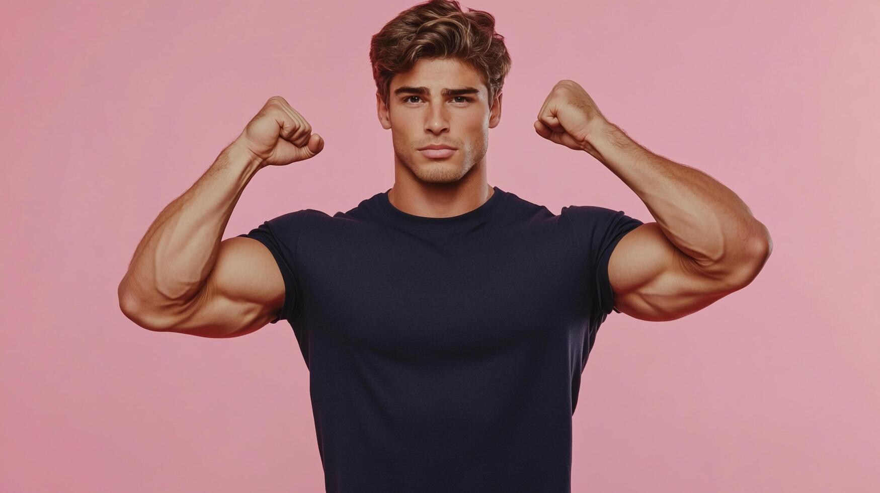 Muscular man flexing. He's got biceps and is standing in front of a pink background. He is showing off his muscles and strength. photo