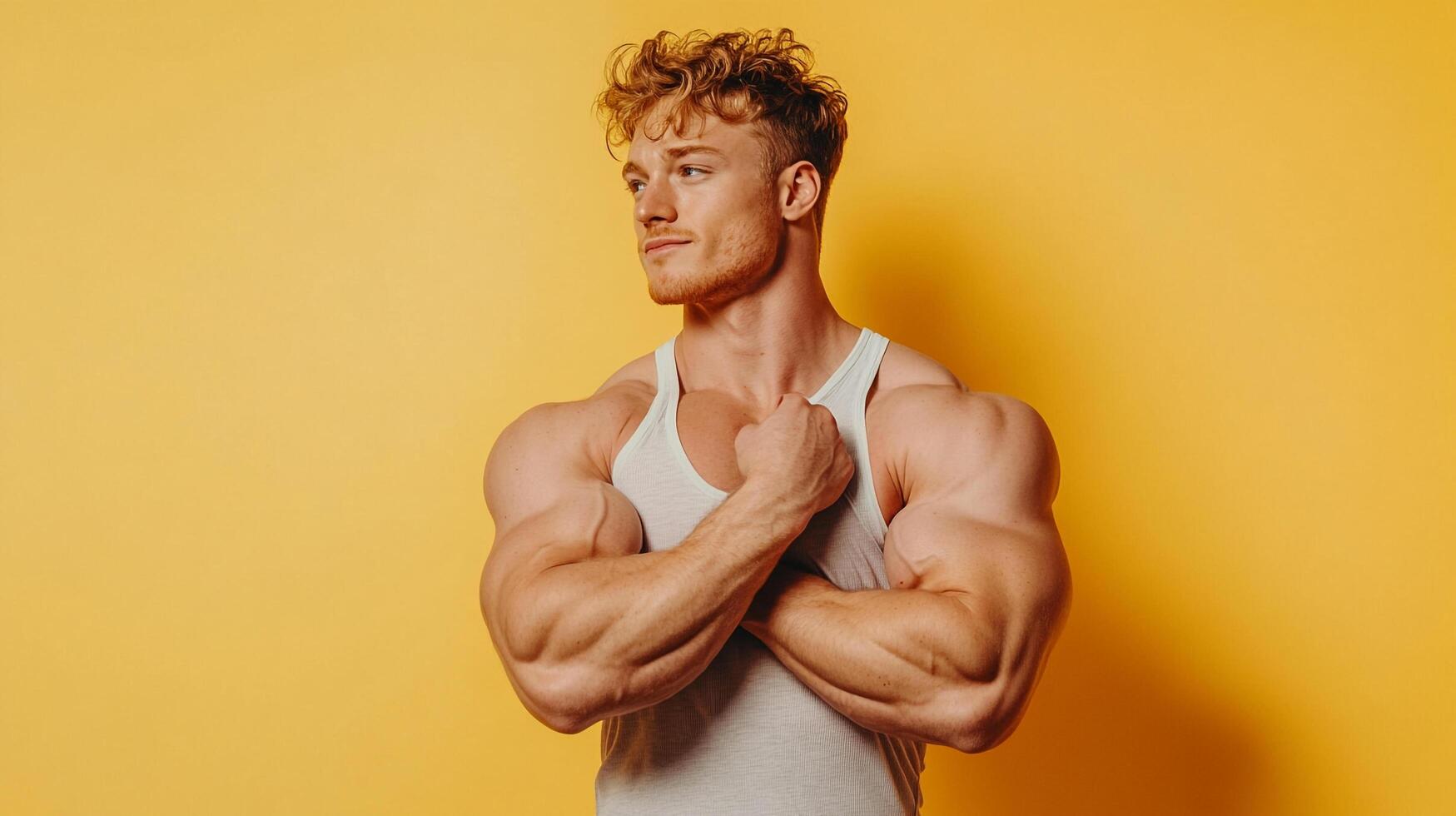 Confident muscular man with curly hair posing. He wears a tank top against a solid backdrop, crossing his arms and looking off-camera. photo